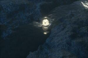 le écoulement lanterne dans le rivière entre le montagnes à nuit, 3d le rendu photo