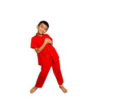 peu garçon mode souriant enfant dans rouge chinois robe, style et mode des idées pour les enfants. chinois Nouveau année photo