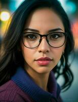 femme avec des lunettes permanent dans le rue. pro photo