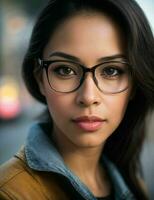 femme avec des lunettes permanent dans le rue. pro photo