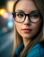 femme avec des lunettes permanent dans le rue. pro photo