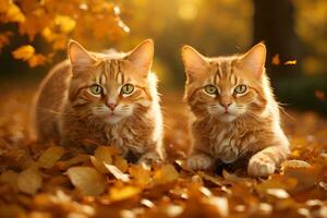 deux espiègle chats dans une vibrant l'automne paramètre, entouré par une coloré tapis de déchue feuilles. photo