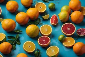 vibrant collection de agrumes des fruits arrangé dans un astucieux composition sur une turquoise Contexte. photo