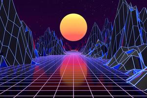 3d Contexte illustration inspiré par Années 80 scène synthwave et rétroonde. photo