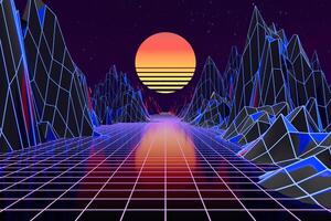 3d Contexte illustration inspiré par Années 80 scène synthwave et rétroonde. photo