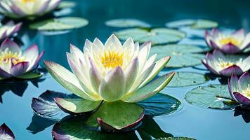 fermer de une magnifique nénuphar fleur dans le bleuâtre des eaux ai généré photo