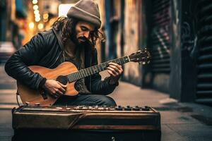 une musicien canaux le sien passion et concentrer dans le sien instrument, animant une ville rue avec le brut émotion de le sien performance ai génératif photo