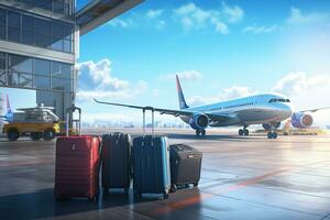 Voyage départ, aéroport avec bagage les valises et avion dans le Contexte ai génératif photo