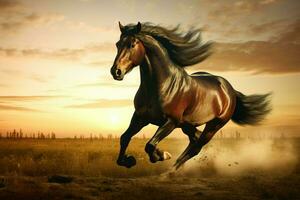 puissant cheval galopant à travers ouvert champ à aube, capturer ses force et liberté, idéal pour équestre et la nature les amoureux. ai génératif photo