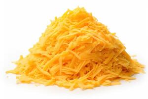 une généreuse pile de râpé Cheddar fromage, avec ses distinct brillant jaune orange Couleur et une riche, sarriette saveur, tacos, salades, ou cuit patates, isolé sur une blanc Contexte. ai génératif photo