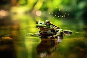 vert grenouille flottant dans une forêt tropicale rivière ai génératif photo