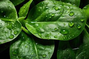 fermer de l'eau gouttes sur Frais Profond vert bébé épinard feuilles ai génératif photo