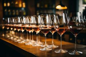 du vin des lunettes sont arrangé dans une rangée avec du vin étant versé de le bouteille à le du vin dégustation photo