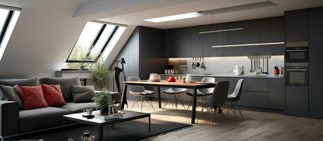 appartement avec ouvert plan noir table gris canapé kitchenette et abaissé plafond photo