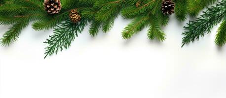 conifère branches utilisé à créer une Noël décoration blanc Contexte Haut vue photo
