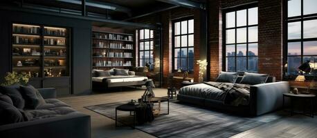 grand grenier style studio appartement avec moderne noir en bois meubles et ouvert sol plan avec expansif les fenêtres photo