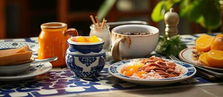 brésilien petit déjeuner table avec café sucre et assaisonnement orné avec décoratif carrelage photo