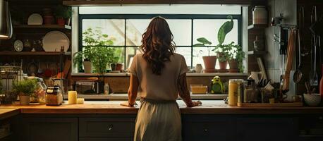 femme dans Accueil cuisine vu de derrière travail photo