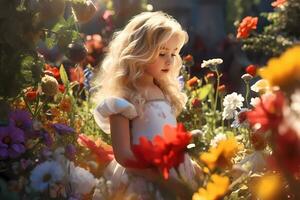 peu blond fille dans Extérieur fleur jardin, avec paysage plein ou fleurs. brillant et ensoleillé journée photo