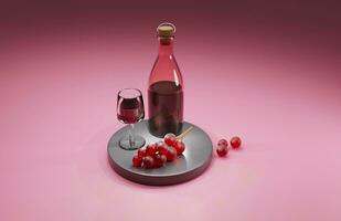 3d le rendu de rouge vin, grain de raisin vin, bouquet de les raisins sur métal assiette avec bouteille et du vin verre photo