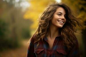 magnifique Jeune femme souriant en plein air dans l'automne parc génératif ai photo