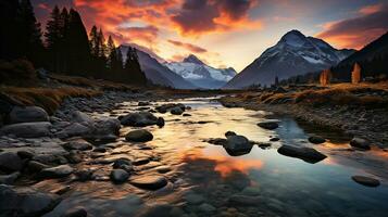 magnifique paysage avec haute rivière et rouge lumière du soleil dans lever du soleil. établi avec génératif ai photo