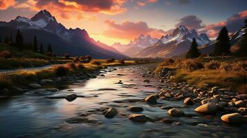 magnifique paysage avec haute rivière et rouge lumière du soleil dans lever du soleil. établi avec génératif ai photo