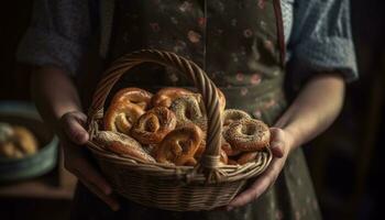 une homme en portant une fait maison pain panier, Frais et rustique généré par ai photo