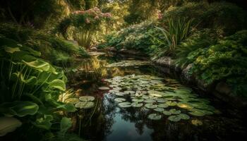 le vert feuille reflète dans le tranquille étang, mettant en valeur la nature beauté généré par ai photo
