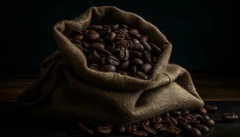 aromatique toile de jute sac détient foncé rôti café des haricots pour fraîcheur généré par ai photo