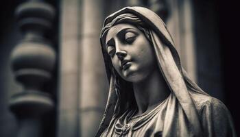 une serein femme prie à une célèbre gothique style Extérieur monument généré par ai photo