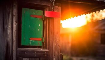 vieux en bois porte fermé, lumière du soleil points forts rustique architecture dans rural scène généré par ai photo