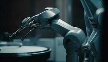 robotique bras remplit carburant réservoir dans futuriste automatique voiture usine généré par ai photo