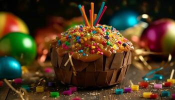 fête de sucré gourmet dessert, multi coloré bonbons sur décoré table généré par ai photo