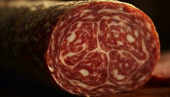 fraîchement tranché porc salami, une gourmet casse-croûte sur une en bois assiette généré par ai photo