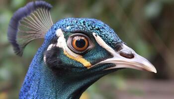 une majestueux paon avec vibrant plumes regards dans le caméra généré par ai photo