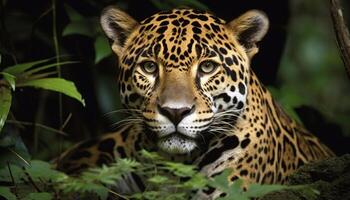 majestueux gros chat en regardant, rayé fourrure, proche en haut, sauvage beauté généré par ai photo