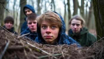 Hommes et garçons souriant, à la recherche à caméra, profiter la nature ensemble généré par ai photo