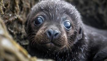 mignonne petit chiot à la recherche à caméra, humide fourrure, espiègle la nature généré par ai photo