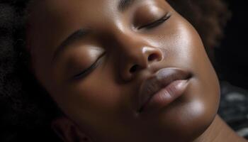 africain femme avec fermé yeux, frisé cheveux, et lisse peau généré par ai photo