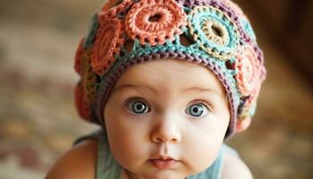 mignonne bébé garçon, en plein air, souriant, à la recherche à caméra, bonheur généré par ai photo