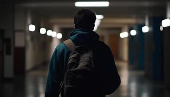 une seul homme des promenades par le foncé métro station à nuit généré par ai photo