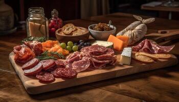 rustique tableau, bois conseil, tranché prosciutto, fumé salami, gourmet repas généré par ai photo