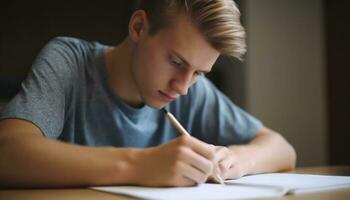 une Jeune adulte en train d'étudier à l'intérieur, se concentrer sur devoirs avec la créativité généré par ai photo