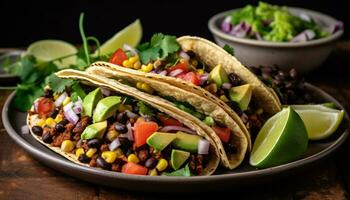 fraîchement grillé du boeuf taco avec guacamole, tomate, et coriandre sur tortilla généré par ai photo