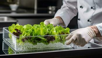 une homme dans une chef uniforme en train de préparer une en bonne santé végétarien salade généré par ai photo