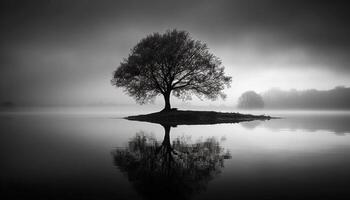 une tranquille scène de une foncé forêt dans noir et blanc généré par ai photo