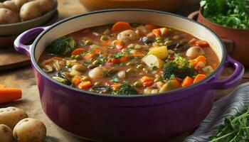 Frais légume soupe avec carottes, oignons, et fait maison végétarien bouillon généré par ai photo