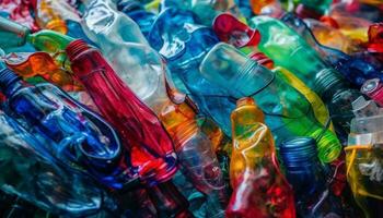 recyclage Plastique bouteilles, une coloré collection de transparent conteneurs généré par ai photo