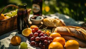 Frais fruit pique-nique raisin, pain, nature, en bonne santé alimentaire, BIO, en plein air généré par ai photo
